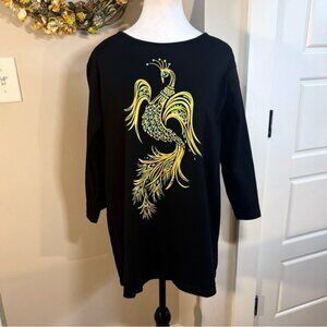BOB MACKIE Wearable Art Black Jeweled  Peacock 3/4  Sleeve Tee Shirt Sz 1X